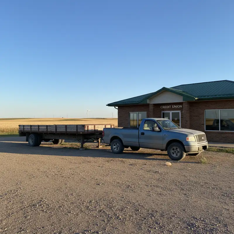 Pickup truck and trailer parked outside a small-town credit union on the Saskatchewan prairie