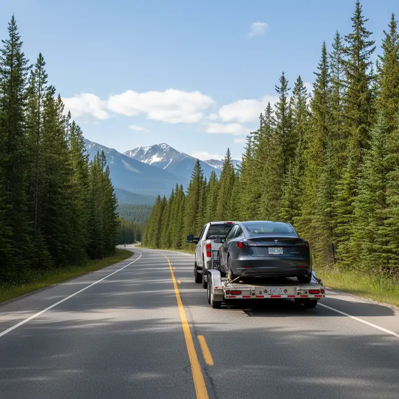 Flatbed car hauler trailer carrying a sedan behind a pickup on a rural Canadian highway