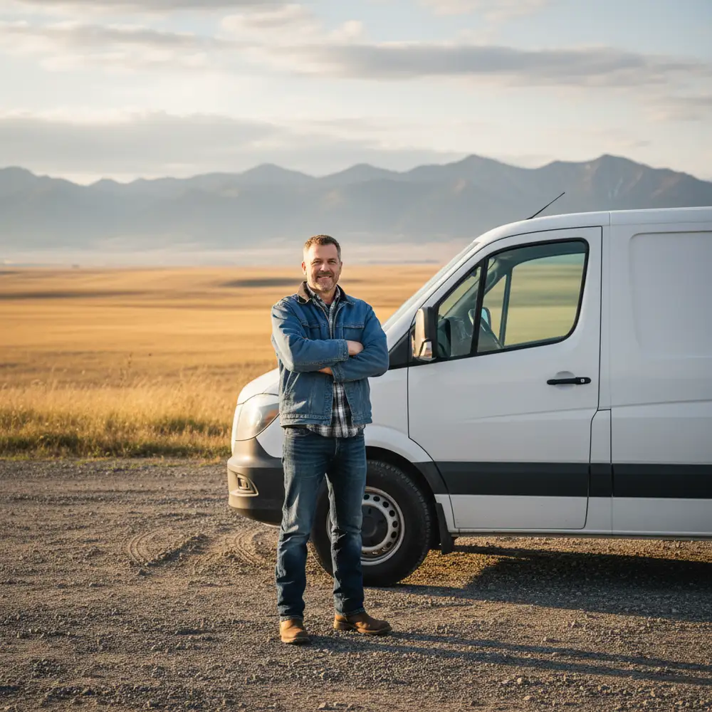 Small business owner standing beside a white commercial cargo van in a gravel lot with Canadian prairie and mountain scenery in the background