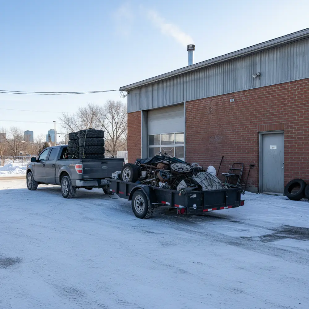 Pickup truck hitched to a trailer with winter tires stacked in the bed outside an Edmonton tire shop