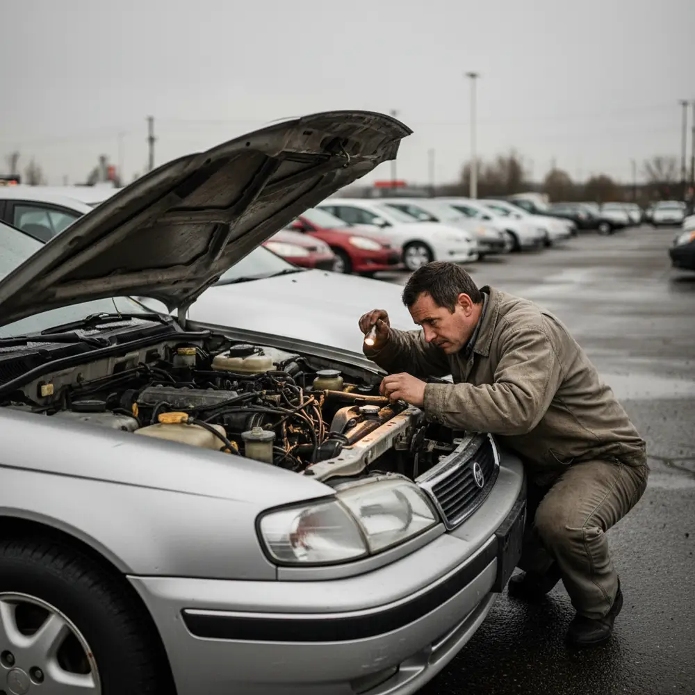 Mechanic inspecting the engine bay of a used car in a dealership parking lot on an overcast day