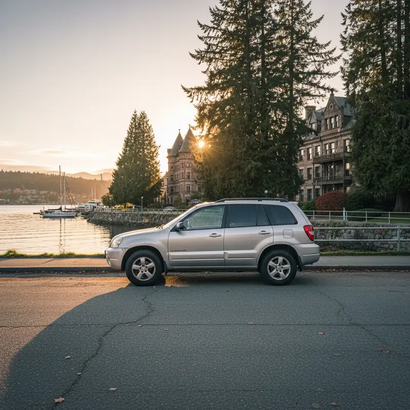 Used silver compact SUV parked near Victoria BC's Inner Harbour at golden hour