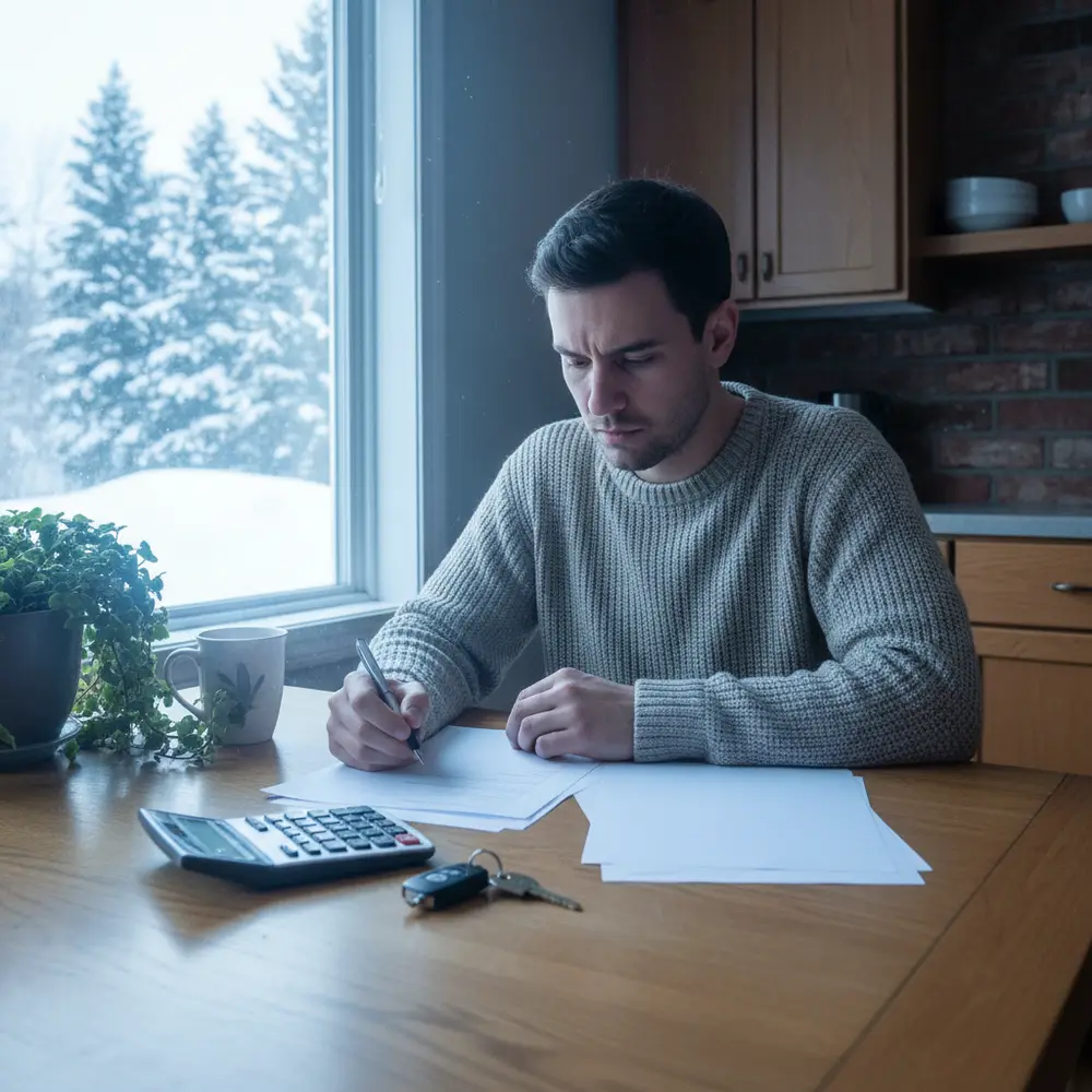 Person reviewing paperwork with a calculator and car keys at a kitchen table in a Canadian home