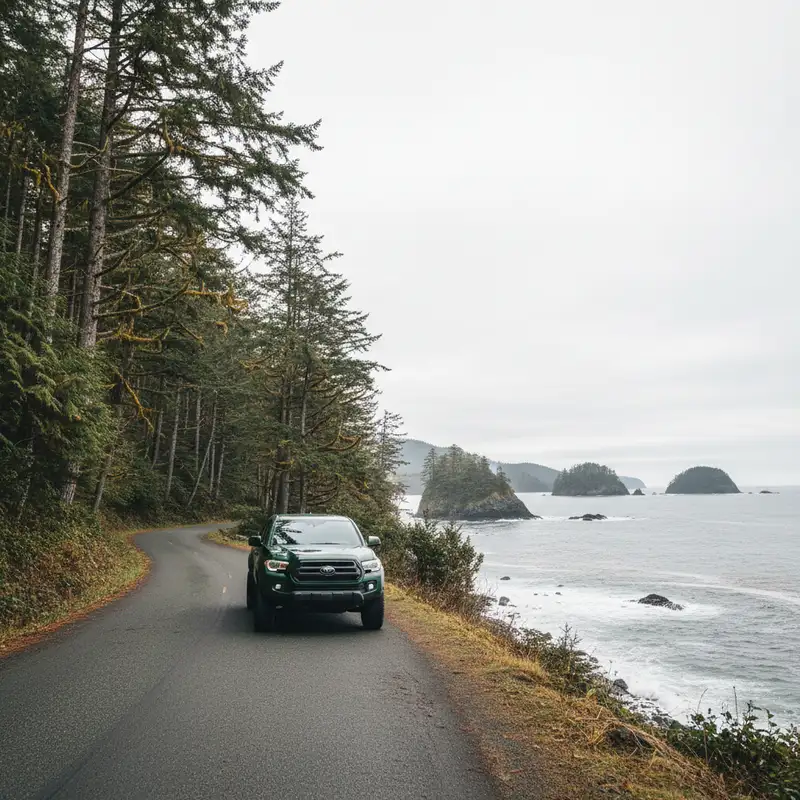 Pickup truck on a coastal road on Vancouver Island near Campbell River, BC