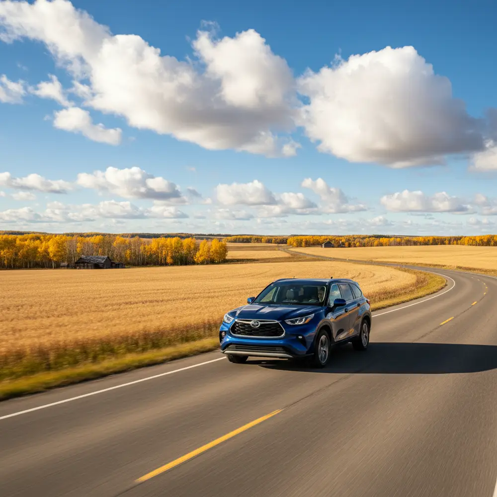Family SUV on a country road through autumn farmland in central Alberta
