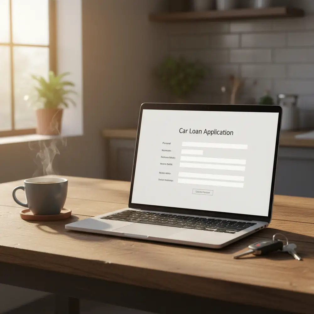 Laptop showing a loan application on a kitchen table with coffee and car keys nearby