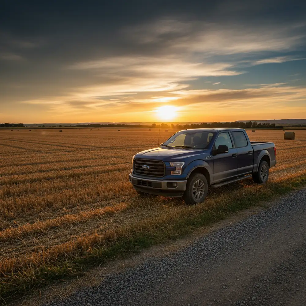 Pickup truck beside a harvested wheat field on the Saskatchewan prairie at sunset